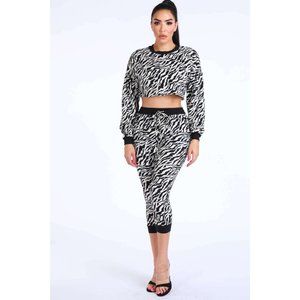 Women's Casual Long Sleeve Zebra Printed Crop Top & Matching Jogger Pants Set